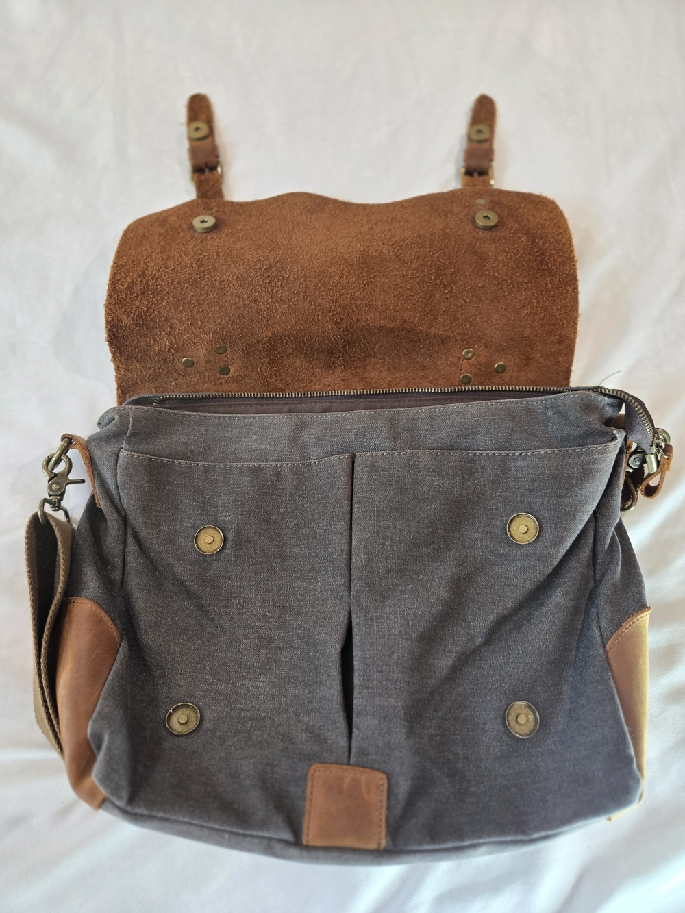 Leather-Trim Canvas Messenger Bag for Men - Brown & Gray - Picture 9 of 16